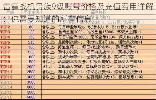 雷霆战机贵族9级账号价格及充值费用详解：你需要知道的所有信息