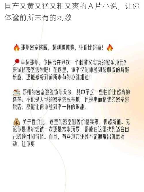 国产又黄又猛又粗又爽的 A 片小说，让你体验前所未有的刺激