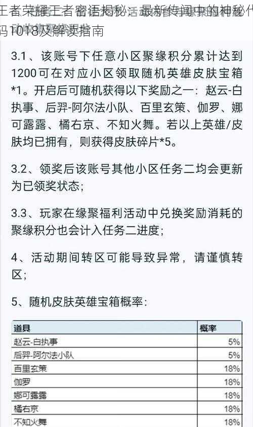 王者荣耀王者密语揭秘：最新传闻中的神秘代码1018及解读指南