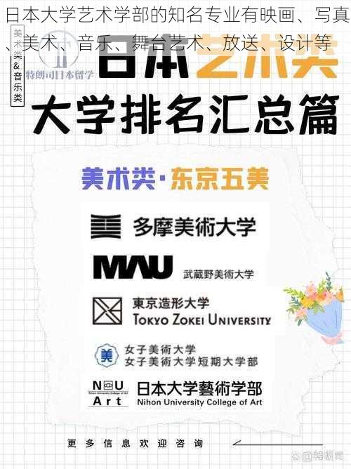 日本大学艺术学部的知名专业有映画、写真、美术、音乐、舞台艺术、放送、设计等