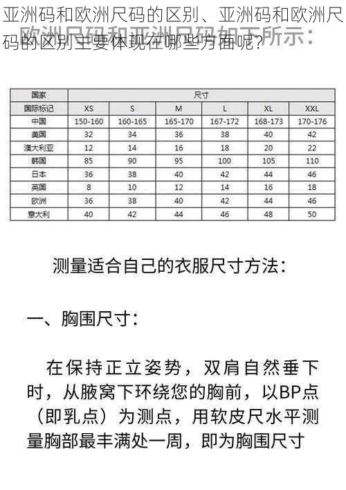 亚洲码和欧洲尺码的区别、亚洲码和欧洲尺码的区别主要体现在哪些方面呢？