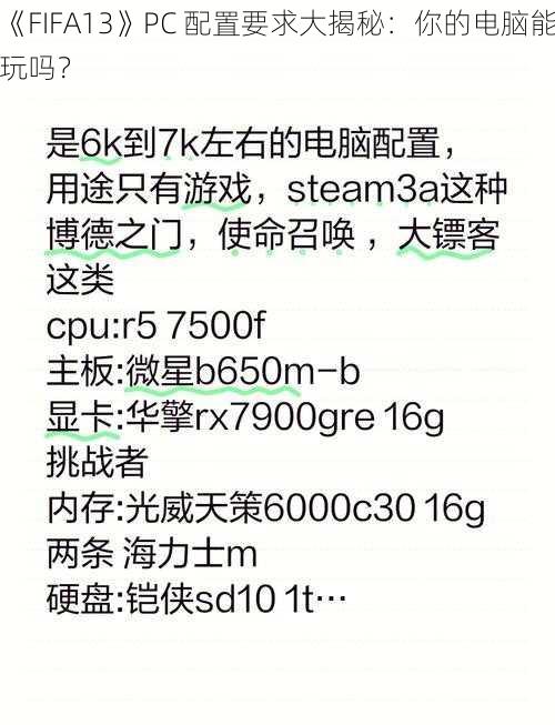 《FIFA13》PC 配置要求大揭秘：你的电脑能玩吗？