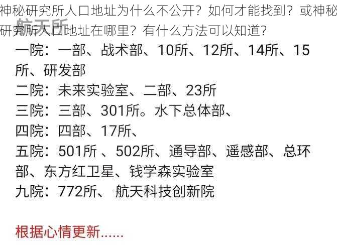 神秘研究所人口地址为什么不公开？如何才能找到？或神秘研究所人口地址在哪里？有什么方法可以知道？